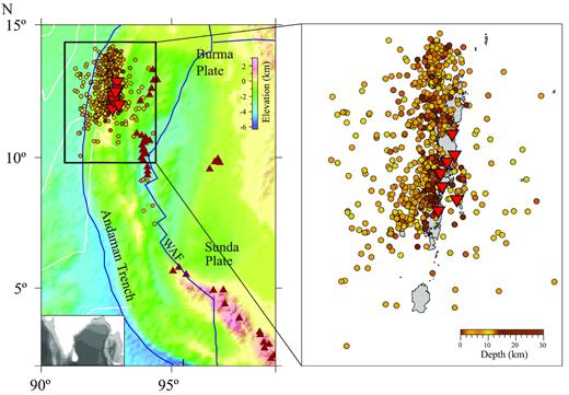 Distribution of earthquakes (the circles) and seismic stations (the inverted triangles) used in this study. The locations of volcanoes are shown as the triangles. WAF: West Andaman fault.