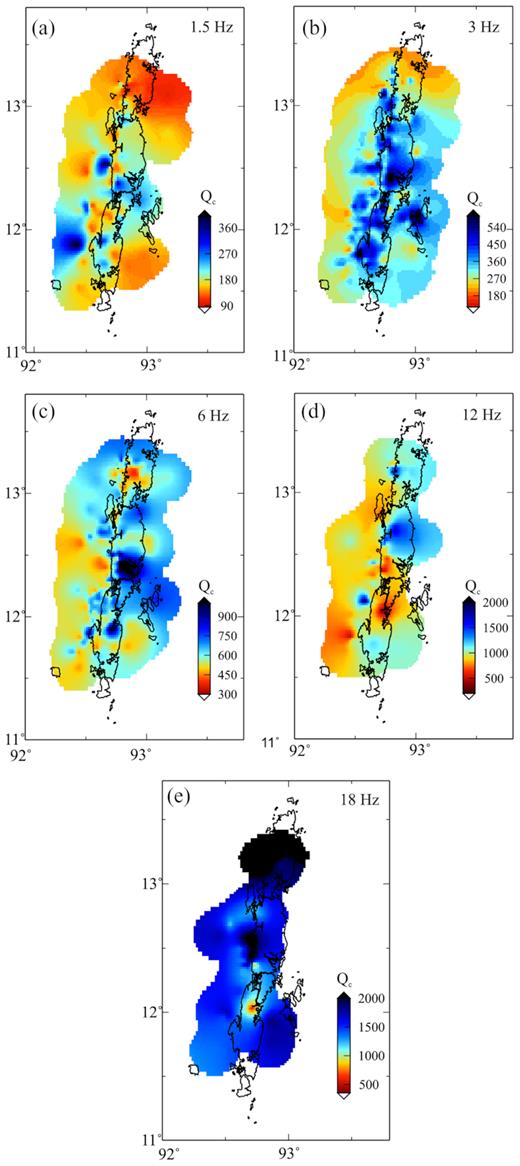 Spatial images of Qc at different frequencies indicated in the top right-hand corner.