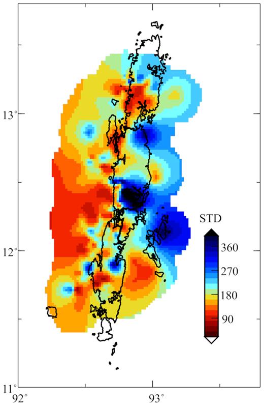 Spatial variation of standard deviation in the estimation of Qc.