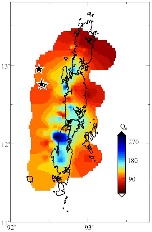 Q0 map of the ANSZ. Stars represent earthquakes of magnitude ≥5 during 2009–2012.