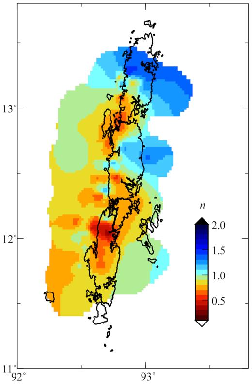 Map showing the spatial distribution of n values.
