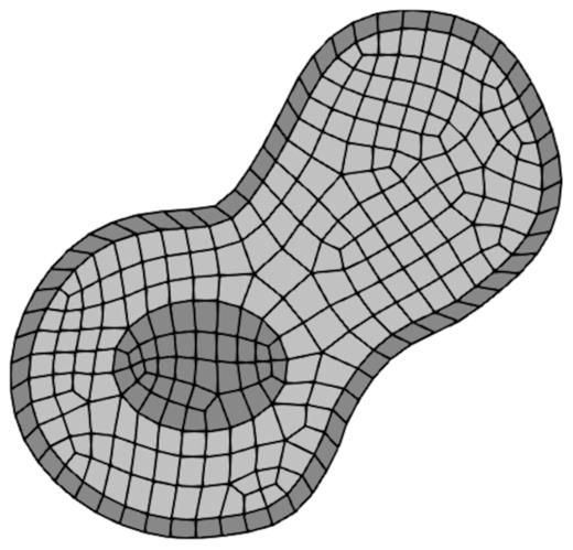 The unmagnetized region (light grey elements) and the magnetized region (interior dark grey elements) are discretized using spectral elements. A single layer of infinite elements is added outside the domain of interest to capture outer space (outer dark grey elements).