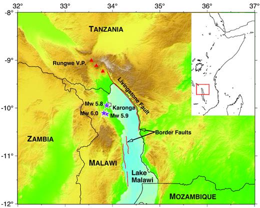 (a) Tectonic framework of the 2009 Karonga earthquakes on SRTM3 topography, with the Rungwe Volcanic Province shown as red triangles (Ebinger et al.1987, 1989), and red lines showing trace of primary border faults (Mortimer et al.2007; Accardo et al.2018). Stars show the locations of the largest earthquakes of the 2009 sequence from the NEIC catalogue; CMT locations for these events are shown in Fig. 2. White box indicates town of Karonga. (Inset) Red box shows study area in context of the East Africa rift system. Lake bathymetry is estimated from a surface fit to legacy MCS data (Lyons et al.2011).