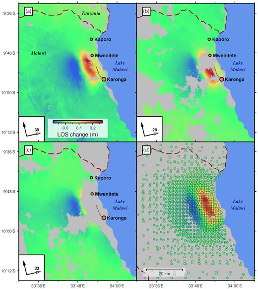The unwrapped interferograms used in the fault slip inversions, and the stacked, downsampled measurements of LOS change. The black line in (a–c) indicates the locations of fault rupture from Macheyeki et al. (2015). (a) ALOS-1 between 23 September and 24 December, also showing the locations of major towns and the surface rupture (black line) from Macheyeki et al. (2015). Spacecraft heading shown as black arrow and LOS (with angle from vertical) shown as grey arrow. (b) Envisat between 1 December and 5 January. (c) Envisat between 6 September and 24 January. (d) Example of downsampled ALOS-1 interferogram (from a) using resolution-based quad-tree decomposition algorithm.
