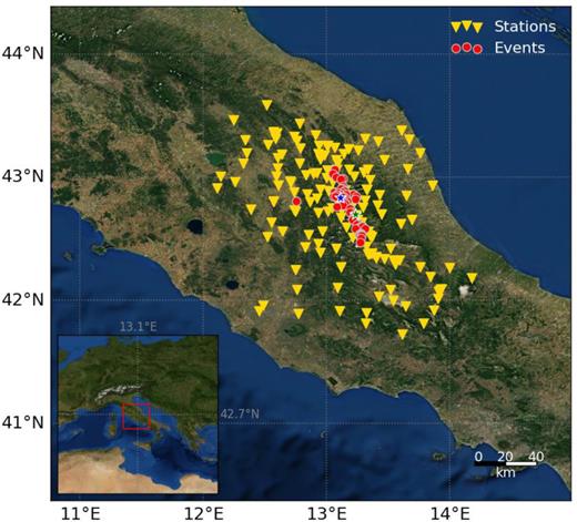 Map representing the location of the events (red dots) and stations (yellow triangles). The green star and the blue star represent the locations of the Mw 6.11 Amatrice earthquake and of the Mw 6.4 Norcia earthquake, respectively.