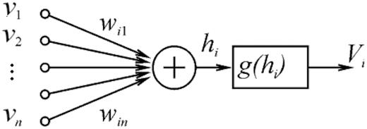 Single neuron scheme for ith neuron with inputs v1 − vn, weights wi1 − win, activation function g(.) and output Vi.1