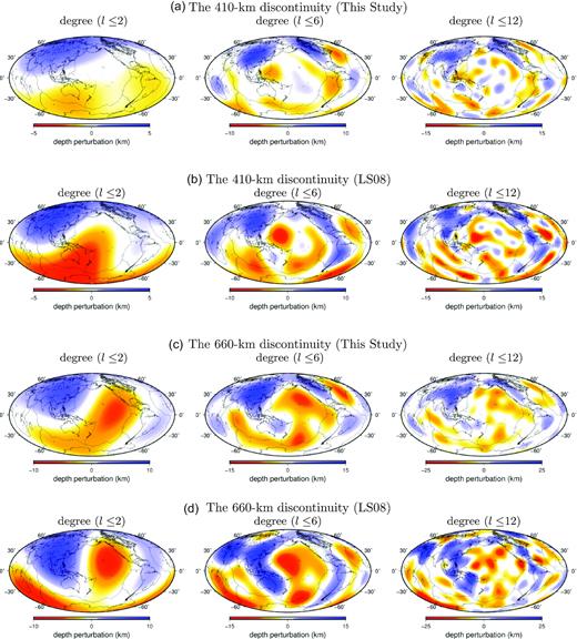 Panel (a) is the 410-km discontinuity model in this study filtered to spherical harmonic l ≤ 2, l ≤ 6 and l ≤ 12. Panel (b) is the same as (a) but for the 410-km discontinuity model from Lawrence & Shearer (2008), panels (c) and (d) are the same as (a) and (b) but for the 660-km discontinuity.