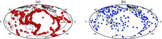 (a) Distribution of 1117 teleseismic earthquakes (6.0 < Mw < 8.5) used in this study. The epicentral distance of the data set ranges from 90° to 160°. (b) Locations of 150 GSN stations used in this study.