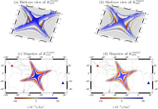 (a) Bird-eye view of example finite-frequency sensitivity of an S410S wave at a period of 20 s to depth perturbations of the 410-km discontinuity. The epicentral distance is 133° and the mapview of the sensitivity kernel is plotted in (c) where the earthquake (star) is located off the west coast of Mexico and the station LBTB (triangle) is in Africa. The sensitivity of the corresponding S660S to depth perturbations on the 660-km discontinuity is plotted in (b) and (d).