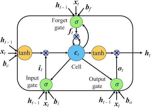 A long short-term memory block containing a memory cell and the input, output and forget gates (modified from Gers et al. 2000).