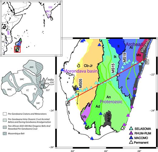 Simplified geological map of southern Madagascar (after Boger et al. 2008, 2009a, b; Tucker et al. 2011, 2014) and distribution of the seismic stations (triangles) used in this work. All indicated stations were used for the dispersion analysis, while only stations close to the red line were used for the S receiver function study. Locations of major shear zones (green lines) after Martelat et al. (2000). Thick black line delimits the boundary between the Phanerozoic–Cenozoic sedimentary basins and the Proterozoic–Archean basement domains. Insets show larger scale context of the study region and Gondwana reconstruction after amalgamation at the end of the Neoproterozoic/Cambrian (modified after Boger et al. 2019). Main map: Cn: Cenozoic sediments, Cr: Cretaceous sediments, Cb-Jr: Carboniferous-Jurassic sediments, Vl:volcanis, Ad-Vl: Volcan de l’ Androy; Tectonic domains Vb: Vohibory, Ad: Androyen, An: Anosyen, Ik: Ikalamavony, It: Itremo, At: Antananarivo, Ms: Masoara. Insets: M: Madagascar; ANS: Arabian-Nubian Shield; CC: Congo Craton; L: LATEA Terrane; SAC: South African Craton; SGT: Souhtern Granulite Terrane; SMC: Sahara Meta-Craton; TC: Tanzania Craton; WAC: West African Craton; SGT: Southern Granulite Terrian, WDC: Western Dharwar Craton, EDC: Eastern Dharwar Craton.