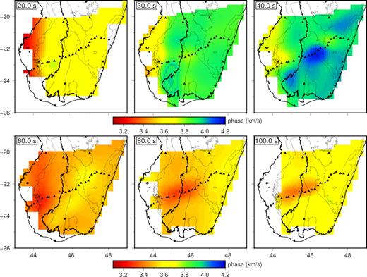 Rayleigh wave phase velocity maps. Bold black line indicates the boundary between the sedimentary basin and the Precambrian domain. Thin black lines divide the different geological blocks. In general, the eastern part of Madagascar is faster than the western part. At longer period, the number of the path between Morondava basin–Morondava basin is very limited and only between station along the main profile and stations in the north (Fig. S5), thus the inconsistent between the observed tomographic maps and the dispersion curves in Fig. 5.
