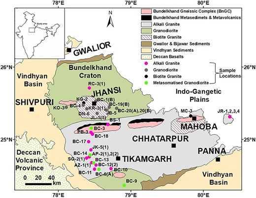 Geological map of the Bundelkhand Craton, central India (modified after Basu 1986; Singh et al. 2007; Ray et al. 2016). Sample locations of this study are shown by solid symbols in different colours for the four granitoid types. These are: (i) alkali granite (N = 17), (ii) biotite granite (N = 3), (iii) granodiorite (N = 9), (iv) metasomatised granodiorite (N = 5).