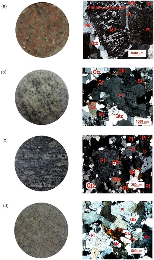 Megascopic view of polished samples (left-hand column) and typical photomicrographs under cross-polarized light (right-hand column). (a) Alkali granite, (b) biotite granite, (c) granodiorite and (d) metasomatised granodiorite. Abbreviations of minerals are as Table 1.