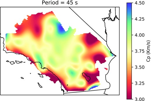 Phase velocity map of Southern California at a period of 45 s for points within the convex hull of nearby SCSN stations (<90 km distance), recovered using Laplacian based wavefield gradiometry of a single event, the 2017 November 19 Mw 7.0 Loyalty Islands earthquake. The tomographic model is smoothed using a multiquadratic radial basis function with a length scale of 45 km to suppress artefacts at length scales shorter than 1/4 of the characteristic wavelength.