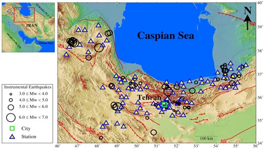 Map of Alborz region and adjacent area, epicenters of the considered earthquakes (circles) occurred during 1997–2019 and selected recording stations (triangles). Green square shows the location of Tehran.
