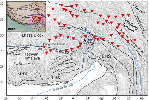 The figure shows the tectonic map of southeastern Tibet. Red inverted triangles denote the deployed seismic stations of the Namche Barwa seismic network. Only the electronic edition contains the colour version of this figure. STDS, South Tibetan Detachment System; LHS, Lower Himalaya Sequence; GHS, Greater Himalaya Sequence; RCT, Rong Chu Thrust; NMT, Nam-la Thrust; GP and NB, Gyala Peri and Namche Barwa Peaks.