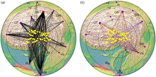 The map shows the Sn ray paths with their propagation efficiency and epicentral distribution (5−15°) of the events used in the study. Yellow inverted triangles and purple circles show the location of seismic stations and used events. (a) Black ray paths denote the efficient Sn, (b) Brown and blue ray paths denote the inefficient and blocked Sn phases, respectively. Only the electronic edition contains the colour version of this figure. GN, Gansu; IB, India-Bangladesh Border; IM, India-Myanmar Border; LT, Lhasa Terrane; MM, Myanmar; QB, Qaidam Basin; QT, Qiangtang Terrane; SB, Sichuan Basin; XI, Xinjiang; YN, Yunnan.