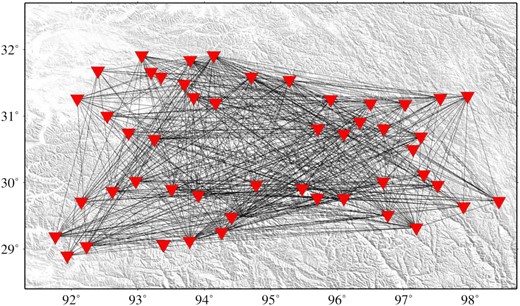 The figure shows the interstation ray paths coverage map of the study area. Following the TSM analysis, we have a total of 618 interstation ray paths. Only the electronic edition contains the colour version of this figure.
