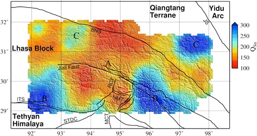 The map shows the 2-D Sn attenuation tomography of the region. The model is obtained at a 1 Hz reference frequency with a grid size of 0.5° × 0.5°. Grids with unreliable spread function and model covariance matrix are not shown in the QSn tomography. Only the electronic edition contains the colour version of this figure.