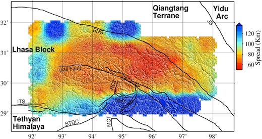 The spread function map of the region, which provides an approximate lateral resolution for the obtained QSn tomographic model. The Backus–Gilbert approach is used to calculate the spread function in order to determine the smearing distance caused by the resolution matrix (Rm). The colour scale is in km. Only the electronic edition contains the colour version of this figure.
