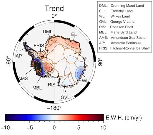 Regression trend of AIS mass change via a linear model of the April 2002–June 2020 GRACE/GRACE-FO data. Brown dashed lines represent the drainage basin boundaries across the AIS, which are derived from historical observations, a modern-day digital elevation model, and ice-velocity data from Rignot & Mouginot (2012).