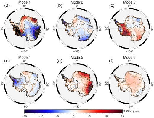 The first six ICA-extracted spatial modes for the entire study period.