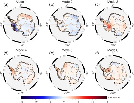 The first six ICA-extracted spatial modes for the former period (2002–2009).