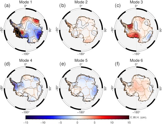 The first ICA-extracted six spatial modes for the latter period (2010–2020).