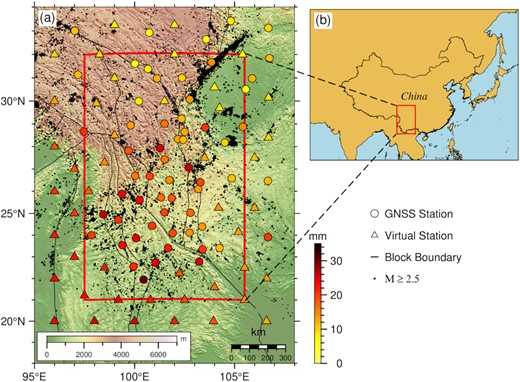 Spatial distribution of the GNSS and virtual stations. (a) Distribution of the stations. The dots and triangles denote the GNSS stations of the crustal movement observation network of China and the virtual stations whose movements were deduced from GRACE products, respectively. The colours denote the peak-to-peak vertical deformation of the stations. The red square denotes the study area. The black lines denote the boundaries of the blocks at the southeastern margin of the Tibetan Plateau (Zhang et al. 2005). The black points are M ≥ 2.5 earthquakes that occurred between 2010 and 2020. (b) The location of the study area with respect to the East Asian region.