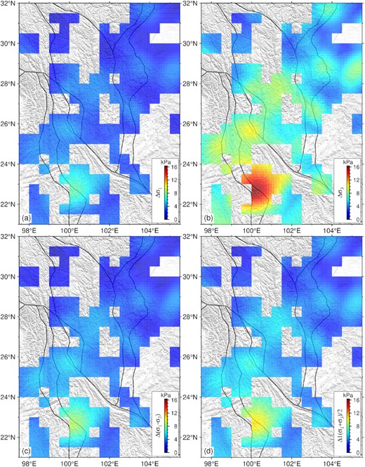 Annual peak-to-peak change of stress perturbations deduced by the seasonal terrestrial water load. (a) variations of the maximum principal stress ${\rm{\Delta }}{\sigma _1}$, (b) variations of the minimum principal stress ${\rm{\Delta }}{\sigma _3}$, (c) variations of the differential stress $\Delta ({\sigma _1} - {\sigma _3})$ and (d) variations of the mean stress ${\rm{\Delta }}1/2({\sigma _1} + {\sigma _3})$.