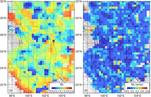 Spatial distribution of the magnitude of completeness (Mc) at the southeastern margin of the Tibetan Plateau. (a) Spatial distribution of the Mc deduced by the earthquake catalogue from China Earthquake Networks Center. (b) Spatial distribution of the corresponding Mc errors.