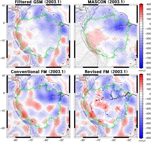 Water mass maps at 2003 January in the Amazon basin from filtered (a) GSM, (b) MASCON, (c) conventional FM and (d) revised FM.