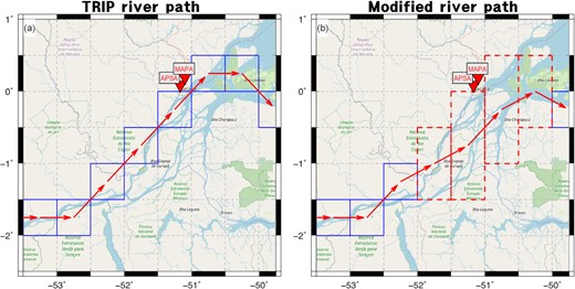 (a) Map of the Amazon river mouth from OpenStreetMap (https://www.openstreetmap.org/#map=8/-0.288/-52.239). The red inverted triangles show locations of MAPA and APSA GNSS stations. Actual river channels of Amazon outfall (light blue) differ that in the TRIP routing model (blue box and red arrow). (b) Modified river routing near the basin mouth to consider multiple river channels. Grid cells of the routing path are extended latitudinally (dashed red box), and routed water is distributed equally over the modified cells.