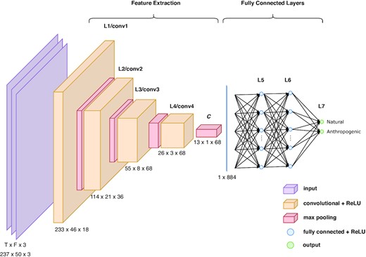 The CNN architecture. The input of the array corresponds to the three-component spectrograms of size 237 × 50 (time × frequency). The L1–L4 layers extract the characteristics thanks to the application of a series of filters allowing the downsampling of the matrix. This feature extraction leads to the C matrix which is flatten to be injected in the fully connected layers. The CNN output corresponds to the two probabilities for the classes: natural and anthropogenic. See Table 1 for more technical details on the CNN.