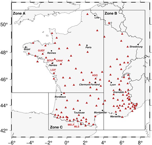 Geographical distribution of the stations used for the training of the CNN and the end-2021 French data application (136 permanent stations of the FR network). The Metropolitan France has been divided into three subsections. These geographical zones A, B and C are discussed in Section 4. The number of stations per zone is shown in Table 2. The seven named stations are used as examples for Fig. 1.