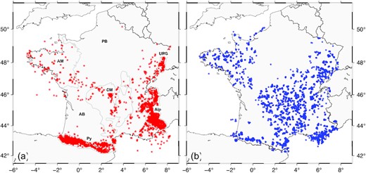 Geographic distribution of training, validation, and test databases composed of 9804 events detected between 2020-01-01 and 2021-06-01 and labelled by the BSCF-ReNaSS. (a) 5016 natural events are represented by the red stars. The main French geological regions are contoured by the grey lines: PB: Paris Basin, URG: Upper Rhine Grabben, AM: Armorican Massif, CM: Central Massif, AB: Aquitaine Basin, Alp: Alps and Py: Pyrenees. (b) 4788 anthropogenic events (quarry blasts and explosions) are represented by the blue circles.