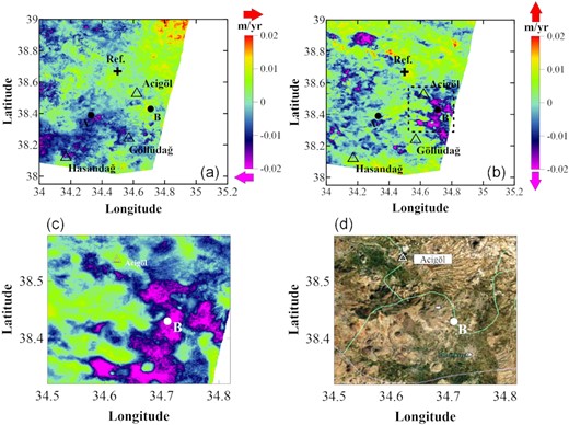 East and vertical components of the deformation in Central Anatolia (a) East component, (b) Vertical component, (c) Vertical component result of zoomed area and (d) Google earth photo of the area.