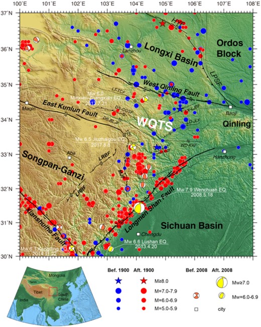 Tectonic setting of the northeastern Tibetan Plateau. Stars and dots represent the locations of historical earthquake epicentres. The black lines indicate active faults. Focal mechanism solutions are taken from the Global Centroid Moment Tensor (GCMT) catalogue. WQTS = Western Qinling-songpan Tectonic Syntaxis; LX-LJBF = Lixian-Luojiabao Fault; LD-JLF = Liangdang-Jiangluo Fault; WD-KXF = Wudu-Kangxian Fault; HN-DQZF = Hanan-Daoqizi Fault; LT-TCF = Lintan-Tanchang Fault; DS-GGSF = Dieshan-Guangaishan Fault; DB-BLJF = Diebu-Bailongjiang Fault; TZF = Tazang Fault; HYF = Huya Fault; MJF = Minjiang Fault; LRBF = Longriba Fault; HYF = Haiyuan Fault; LPSF = Liupanshan Fault. The figure was made using Generic Mapping Tools (Wessel et al. 2013).