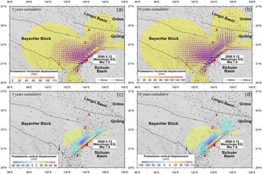 Simulated displacements for two time periods due to the post-seismic relaxation after the Wenchuan earthquake. The black triangles represent GPS observation stations. The black and red solid lines are active faults and surface rupture zones of the Wenchuan earthquake. The seismic mechanism solution is from GCMT (www.globalcmt.org).