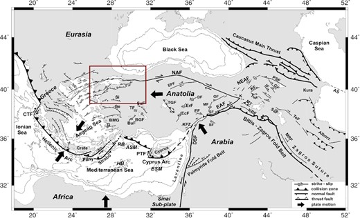 Active tectonics of Anatolian Plate modified after Taymaz et al. (2007) and Yolsal-Çevikbilen et al. (2012). Large black arrows indicate relative plate motions with respect to Eurasia (McClusky et al. 2003; Reilinger et al. 2006). Bathymetric contours are obtained from GEBCO-BODC (1997) and, Smith & Sandwell (1997), and are shown at 500, 1000, 1500, 2000 m. The red rectangle shows the study area. AS: Apseron Sill, BF: Bozova Fault, BGF: Beysehir Gölü Fault, BMG: Büyük Menderes Graben, BuF: Burdur Fault, CTF: Cephalonia Transform Fault, DSF: Dead Sea Transform Fault, DF: Deliler Fault, EAFZ: East Anatolian Fault Zone, EcF: Ecemiş Fault, EF: Elbistan Fault, ESFZ: Ezine Pazarı-Sungurlu Fault Zone, ErF: Erciyes Fault, G: Gökova, Ge: Gediz Graben, GF: Garni Fault, IF: Iğdır Fault, K: Karlıova, KBF: Kavakbaşı Fault, KF: Kagizman Fault, KFZ: Karataş-Osmaniye Fault Zone, MF: Malatya Fault, MRF: Main Recent Fault, MT: Muş Thrust, NAFZ: North Anatolian Fault Zone, NEAF: North East Anatolian Fault, OF: Ovacik Fault, PSF: Pampak-Savan Fault, PTF: Paphos Transform Fault, SaF: Salmas Fault, Si: Simav Graben, SuF: Sultandağ Fault, TeF: Tebriz Fault, TF: Tatarli Fault, TGF: Tuz Gölü Fault and TuF: Tutak Fault.