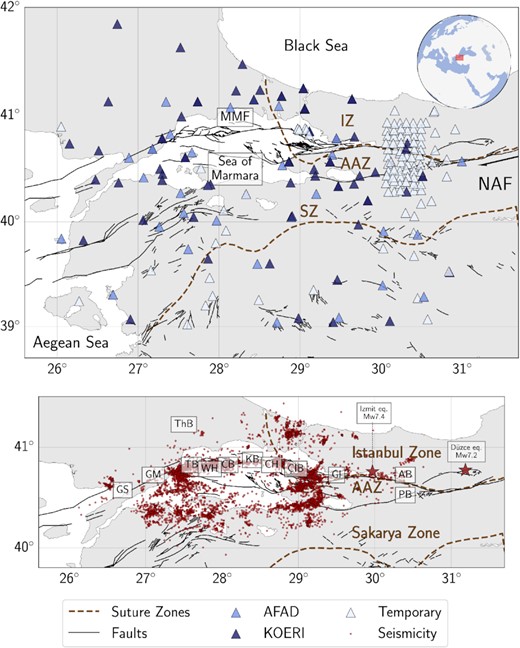 Map of the study area. Top: locations of the seismic stations used in this study. Insert map shows the relative location of the study area. Bottom: t he seismicity around the Sea of Marmara. The seismicity ranges between 0.7–4.5 Mw and is taken from Wollin et al. (2018). AAZ: Armutlu-Almacık Zone, AB: Adapazarı Basin, CB: Central Basin, CH: Central High, ÇIB: Çınarcık Basin, IZ: Istanbul Zone, GI: Gulf of Izmit, GM: Ganos Mountains, GS: Gulf of Saroz, KB: Kumburgaz Basin, MMF: Main Marmara Fault, NAF: North Anatolian Fault, PB: Pamukova Basin, SZ: Sakarya Zone, TB: Tekirdağ Basin, ThB: Thrace Basin and WH: Western High.