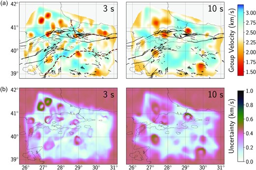 Transdimensional Bayesian inversion results and uncertainty maps. (a) Group velocity images obtained from transdimensional Bayesian tomography for periods 3 and 10 s. The group velocity ranges between 1.4 and 3.2 km s−1. Black lines represent the NAFZ, dashed brown lines represent the suture zones. (b) The uncertainty maps for periods 3 and 10 s. The uncertainty ranges between 0.0–1.0 km s−1.