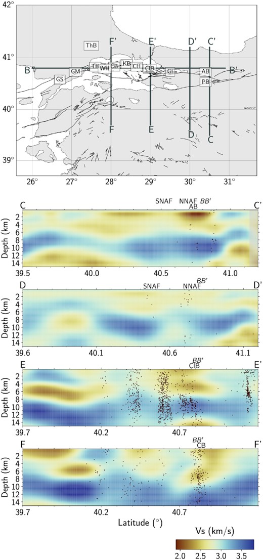 S-wave velocity sections and their locations. The depth ranges between the surface and 15 km. The map indicates the locations of the profiles. Black lines represent the NAFZ. The seismicity (red dots) ranges between 0.7–4.5 Mw and is taken from Wollin et al. (2018). The orthogonal sections are marked on the plots. AB: Adapazarı Basin, CB: Central Basin, ÇIB: Çınarcık Basin, SNAF: Southern branch of the North Anatolian Fault and NNAF: Northern branch of the North Anatolian Fault.