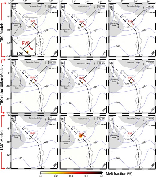 (a), (b) and (c) show depth slices of melt fractions beneath the RVP due to TBC at 125, 130 and 135 km depth, respectively. (d), (e) and (f) show depth slices of melt fractions beneath the RVP due to TBC with a uniform 100-km thick lithosphere (TBC-litho100km) at 125, 130 and 135 km depth, respectively. (g), (h) and (i) show depth slices of melt fractions beneath the RVP due to LMC at 105, 110 and 115 km depth, respectively, which indicate that melt is generated only at 110 km depths. Red triangles represent.