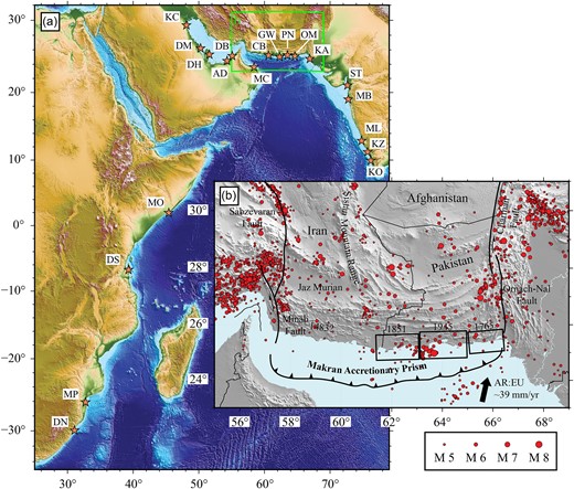 (a) Topographic and bathymetric map of the western Indian Ocean region. Orange stars indicate major coastal cities: MC: Muscat; CB: Chah Bahar; GW: Gwadar; PN: Pasni; OM: Ormara; KA: Karachi; ST: Surat; MB: Mumbai; ML: Mangalore; KZ: Kozhikode; KO: Kochi; KC: Kuwait City; DM: Dammam; DH: Doha; AD: Abu Dhabi; DB: Dubai; MO; Mogadishu; DS: Dar es Salaam; MP: Maputo; DN: Durban. (b) Regional seismicity (Mw 4.5+, 1905–2022) and simplified structural map of the Makran subduction zone, modified from Burg (2018). Three rectangles along the coastal Makran indicate maximum estimated rupture areas for historic earthquake events (Byrne et al. 1992). Plate motion of Arabia relative to Eurasia (AR:EU) is shown by the solid arrow (DeMets et al. 2010). Structures and images are overlain on SRTM15+ relief model (Tozer et al. 2019).