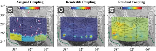 The preferred coupling model of the Makran megathrust and its resolvability by the GPS data.