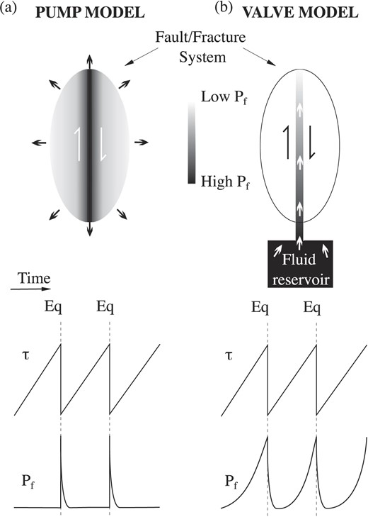 Schematic illustration of pump (a) and valve (b) models for the involvement of fluids with faulting (modified after Sibson 1981). With the pump model changes in fluid pressure are produced by rapid sliding during an earthquake, for example in response to thermal pressurization or changes in volumetric strain. With the valve model, rupture is produced by fluid overpressure near the base of the fault. When the fault ruptures, an increase in permeability enables fluid overpressures to relax, which is followed by chemical sealing, enabling the cycle to repeat.