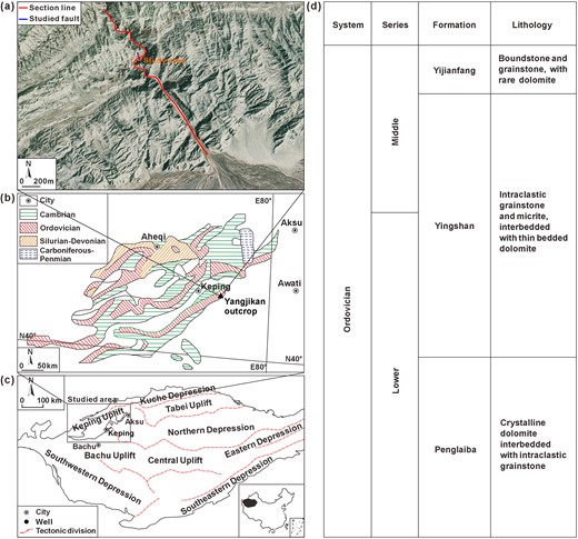 (a) Satellite image of Yangjikan section outcrop; (b) stratigraphic distribution of the Keping outcrop area; (c) structural divisions of the Tarim Basin in northwest China and (d) Middle-Lower Ordovician stratigraphic column in the Keping area (modified from Qiao et al. 2021).