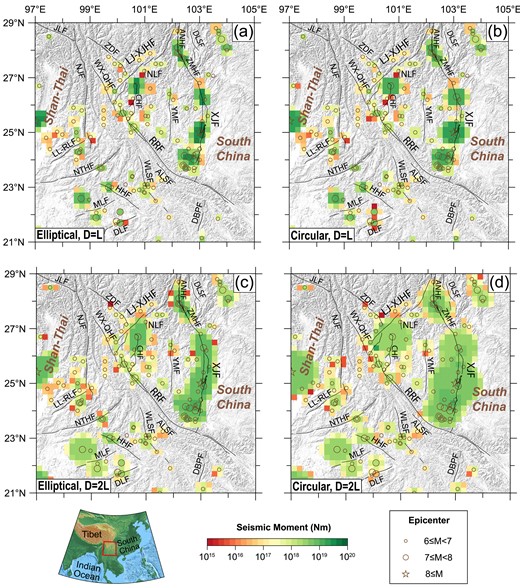The spatial distribution of epicentres and seismic moments of historical earthquakes in the southeastern Tibetan Plateau after declustering. (a) The seismic moment distribution derived from elliptical area model with major axis equal to fault length (D = L). (b) The seismic moment distribution derived from circular area model with major axis equal to fault length (D = L). (c) The seismic moment distribution derived from elliptical area model with semi-major axis equal to fault length (D = 2 L). (d) The seismic moment distribution derived from circular area model with semi-major axis equal to fault length (D = 2 L). The stars and circles represent the epicentres of M ≥ 6 earthquakes from AD 624 to 2015 after declustering (data are from ISC, the CENC and the Department of Earthquake Disaster Prevention, State Seismological Bureau 1995; Department of Earthquake Disaster Prevention, China Earthquake Administration 1999). The solid lines indicate Quaternary faults. ALSF = Ailaoshan fault; ANHF = Anninghe fault; CHF = Chenghai fault; DBPF = Dien Bien Phu fault; DLF = Daluo fault; DLSF = Daliangshan fault; HHF = Heihe fault; JLF = Jiali fault; LJ-XJHF = Lijiang–Xiaojinhe fault; LL-RLF = Longling–Ruili fault; MLF = Menglian fault; NJF = Nujiang fault; NLF = Ninglang fault; NTHF = Nantinghe fault; RRF = Red River fault; WLSF = Wuliangshan fault; WX-QHF = Weixi–Qiaohou faults; YMF = Yuanmou fault; ZDF = Zhongdian fault and ZMHF = Zemuhe fault.